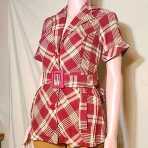 Pink mode Cream red plaid short sleeve blazer